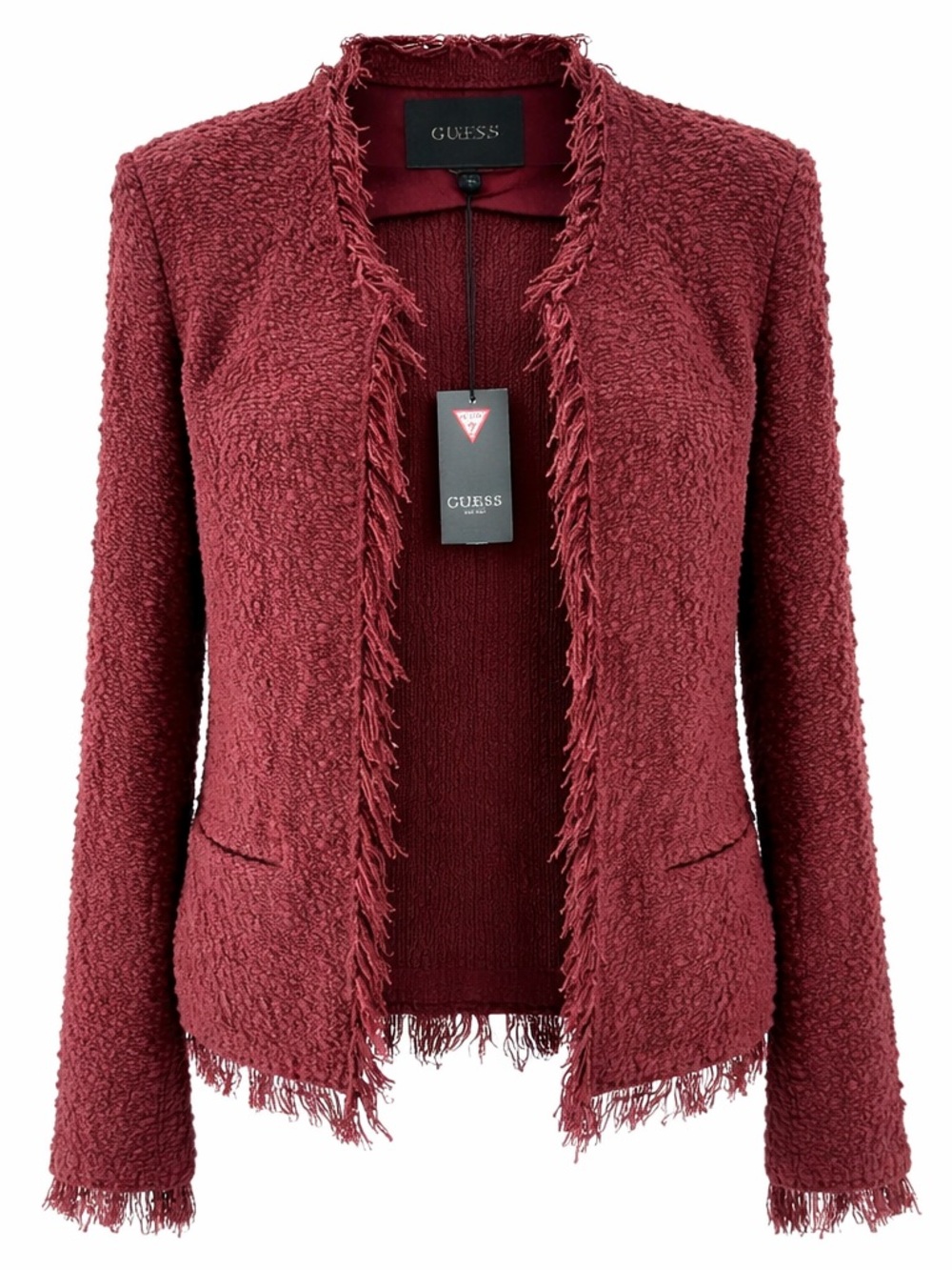 NWT GUESS Burgundy Bouclé Fringe Blazer Jacket Women’s Small Open Front